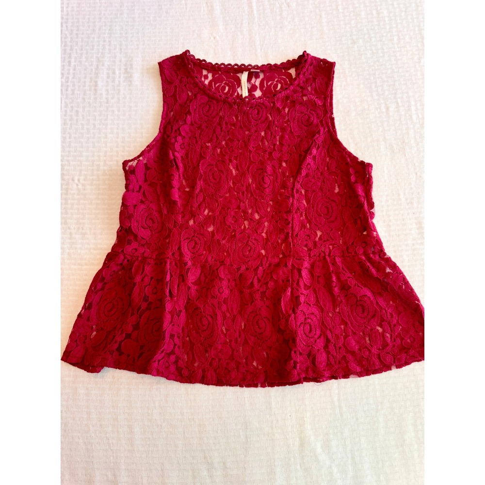 LC Lauren Conrad Burgundy Red Floral Lace Peplum Sleeveless Blouse Womens Large